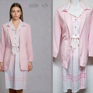 70s Vintage Ajax Pink Plaid Lace Belted Midi Dress Slub Knit Longline Coat Large